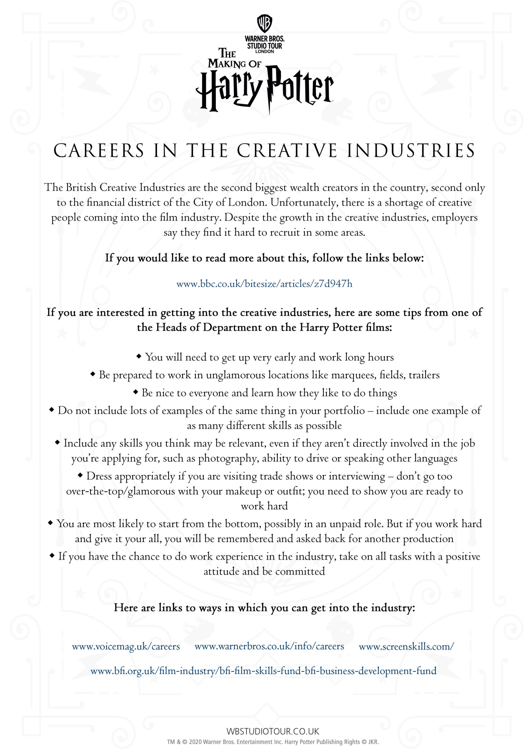 Careers activity worksheets page 1 - Studio Tour at Home