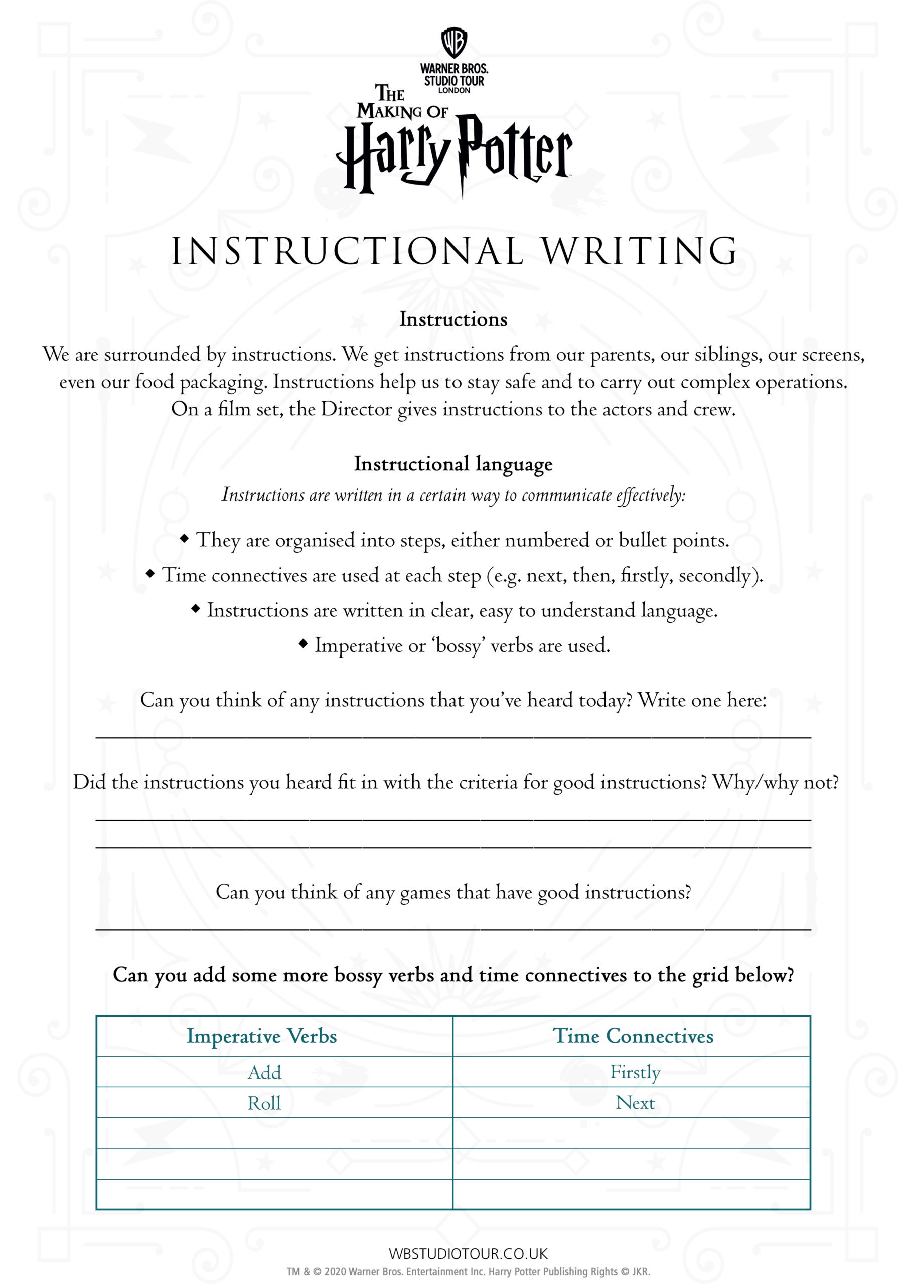 Instructional Writing activity worksheets page 1 - Studio Tour at Home