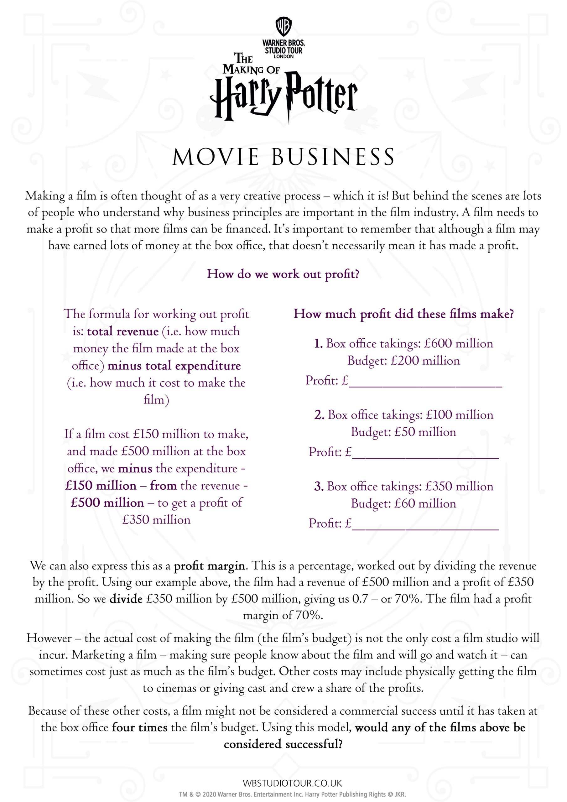 Movie Business activity worksheets page 1 - Studio Tour at Home