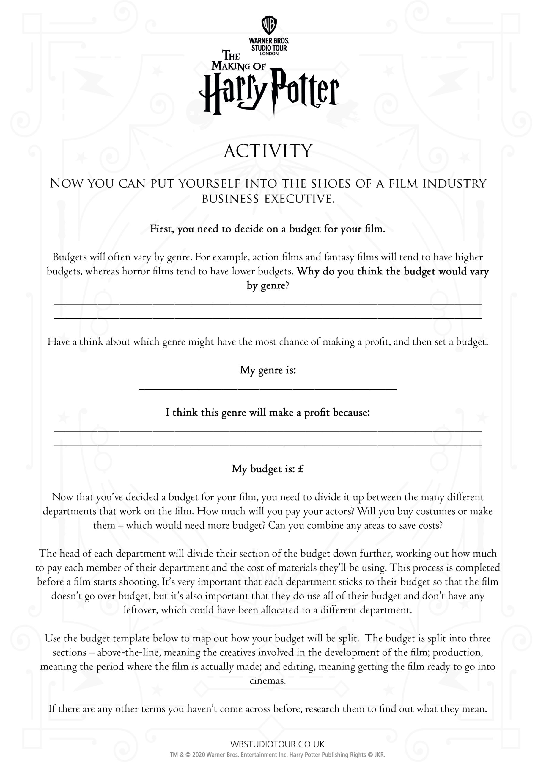 Movie Business activity worksheets page 2 - Studio Tour at Home
