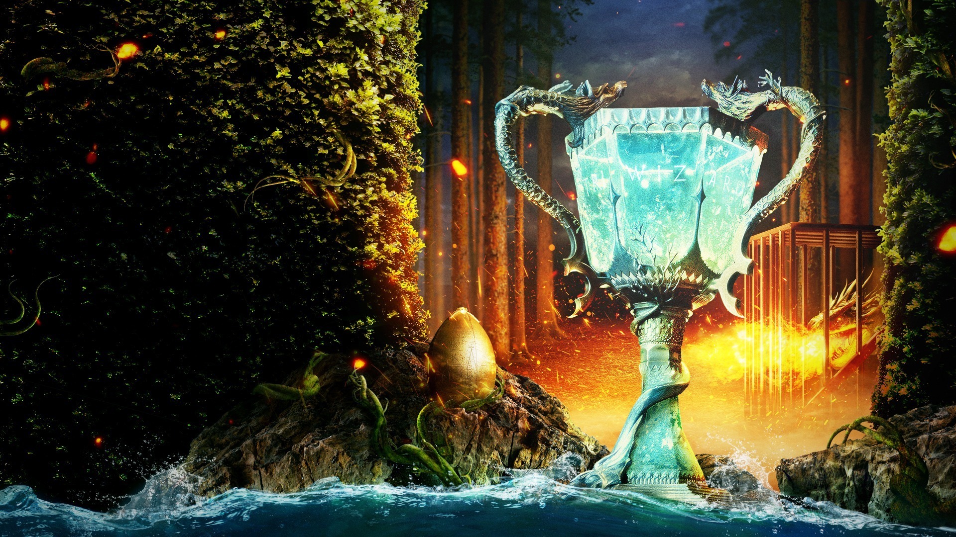 The Triwizard Cup in front of a fiery background. The Golden Egg and a dragon features in a cage in the background.